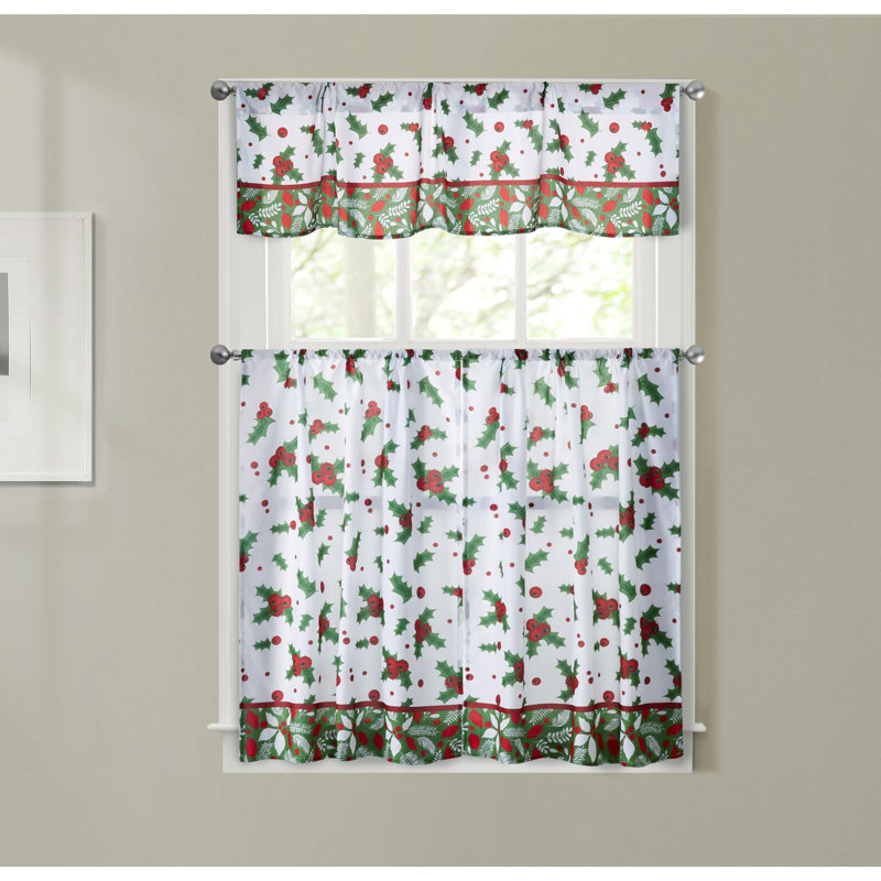 The Holiday Aisle® Elraine Evergreen Berries 3 Piece Kitchen Curtain
